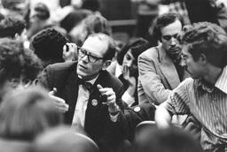 1973-01-01: Lyndon LaRouche with members of the audience at a National Caucus of Labor Committees conference